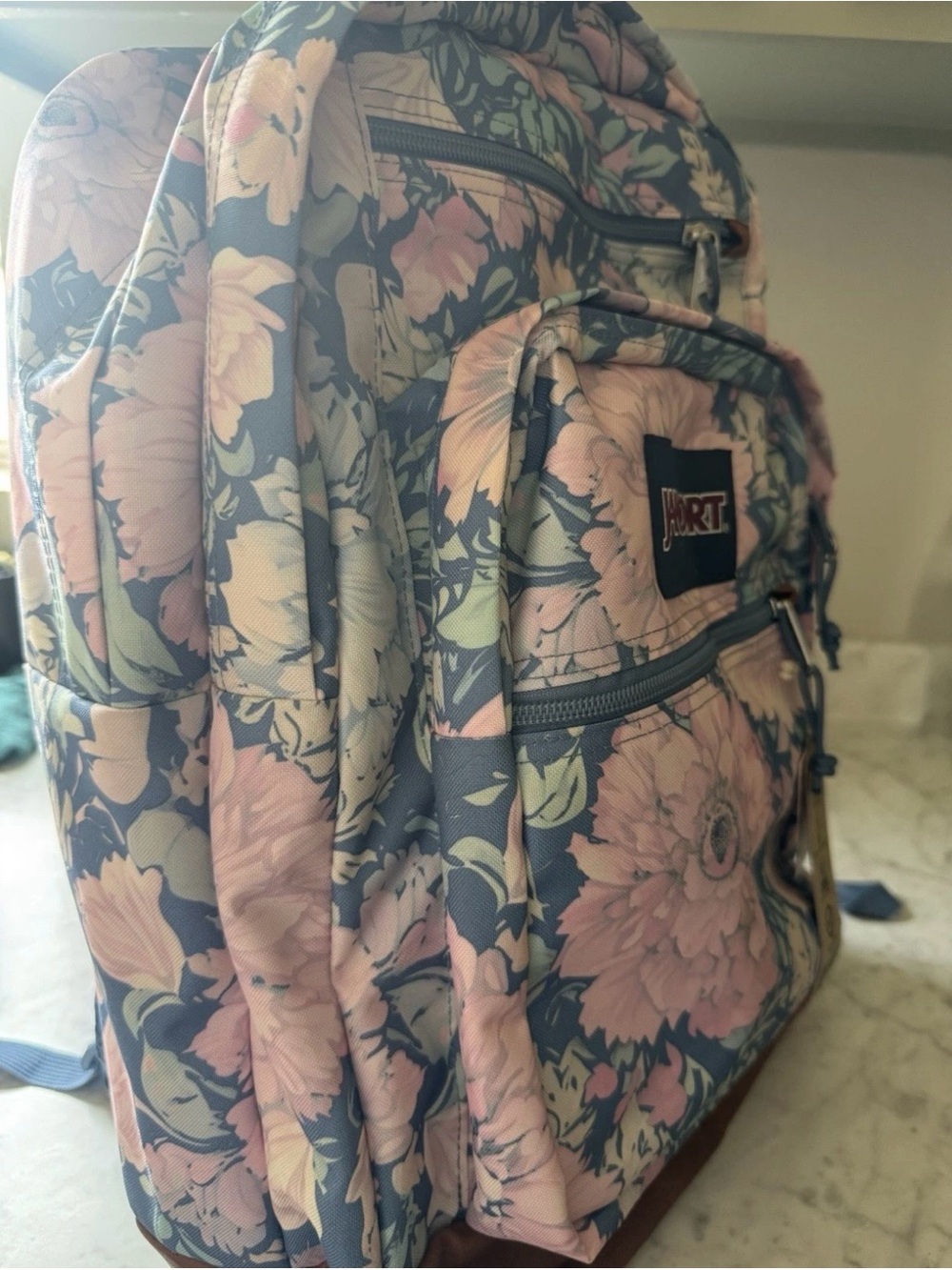 Jansport Pink and Blue Floral Backpack with Brown Base - Picture 4 of 6